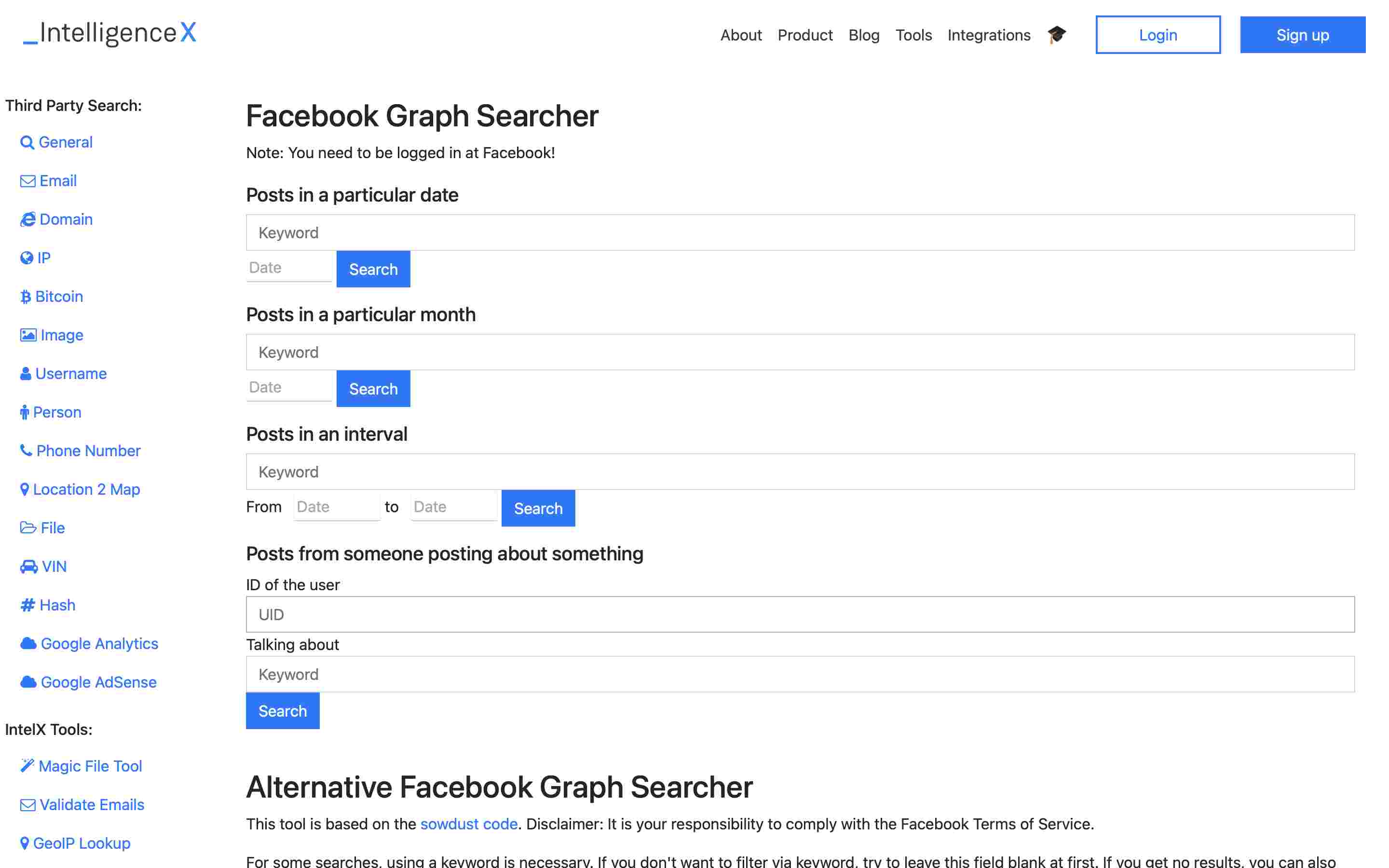 IntelligenceX Facebook Search tools