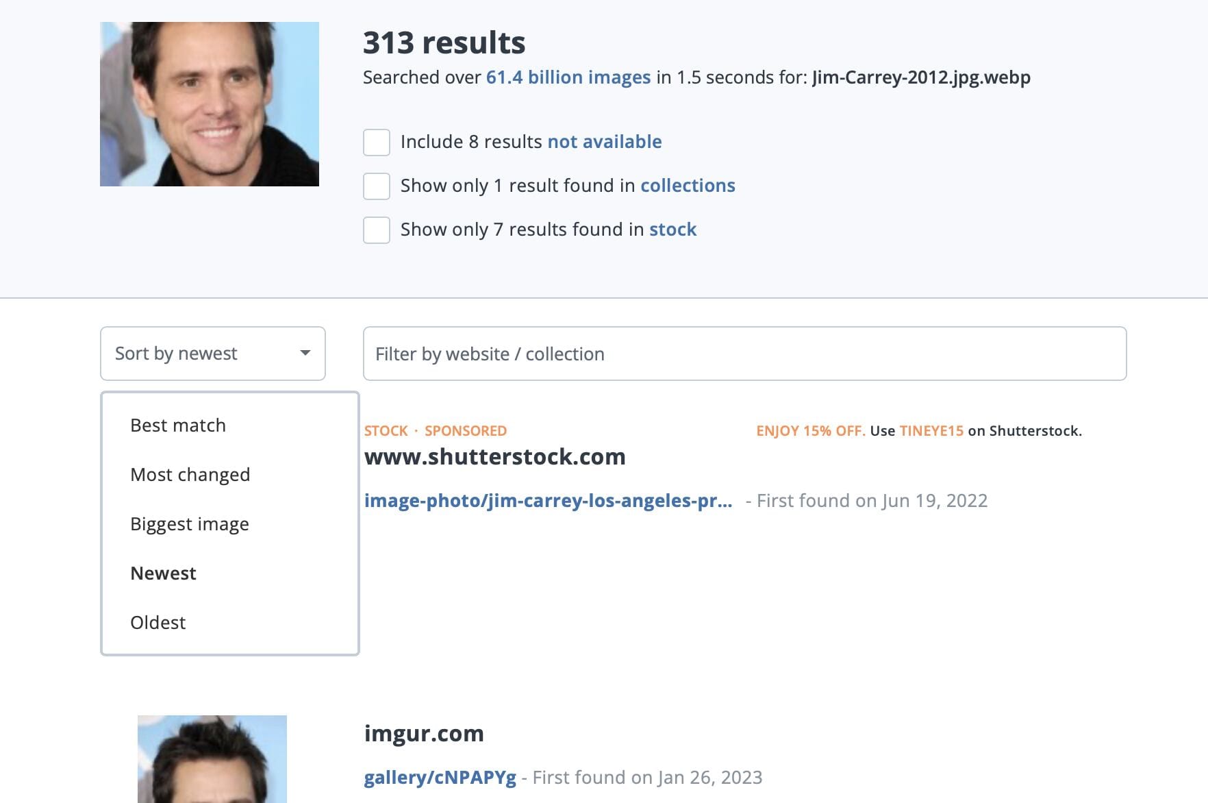 TinEye Reverse Image Search Sorting Options