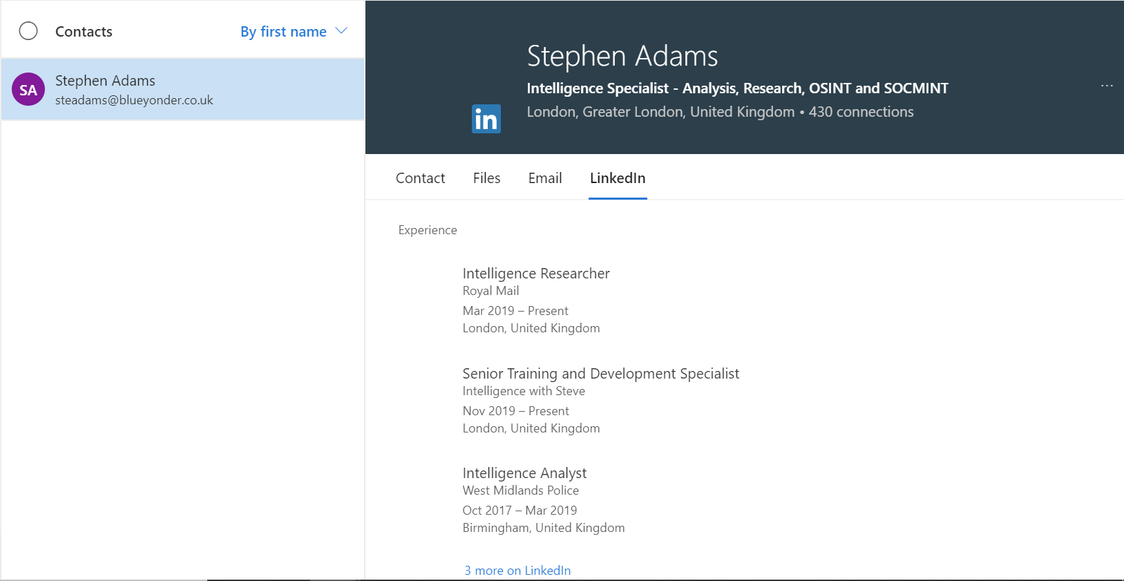 LinkedIn profile details in outlook. Credit: Steve Adams