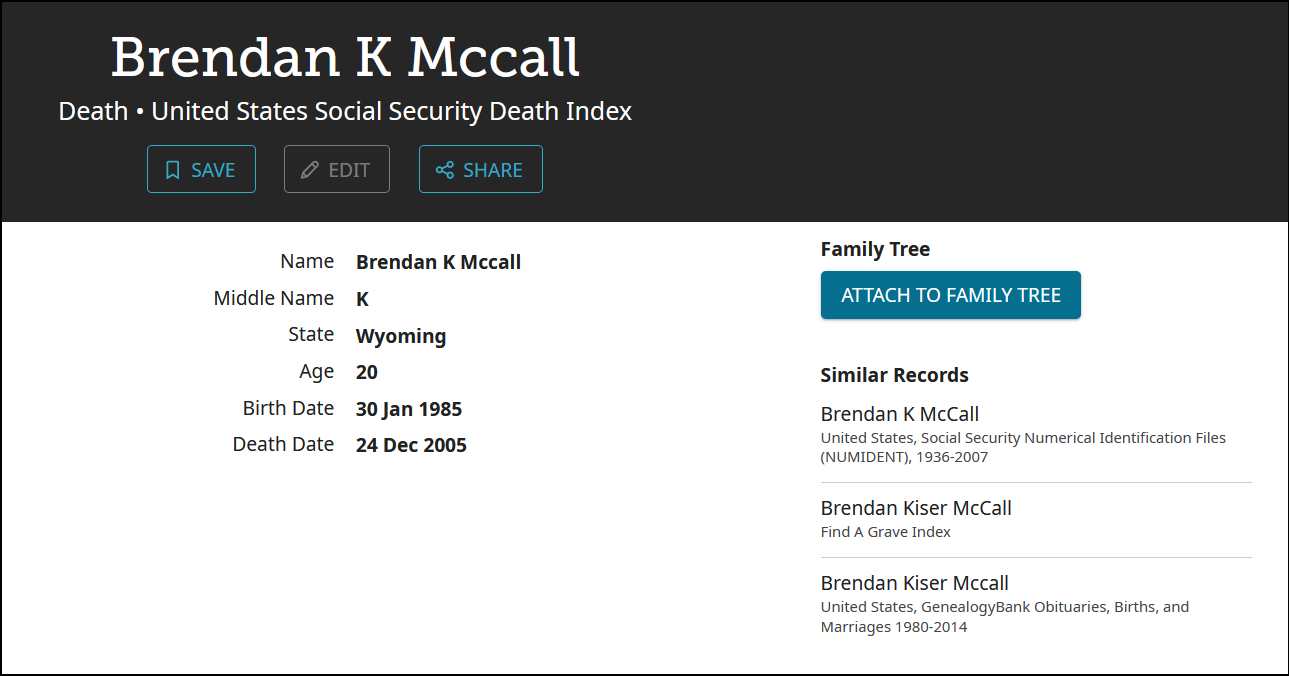 Screenshot from FamilySearch.org showing information from a death record on Brendan K McCall, including on his name, the State in the United States where he resided, and the dates of his birth and death.