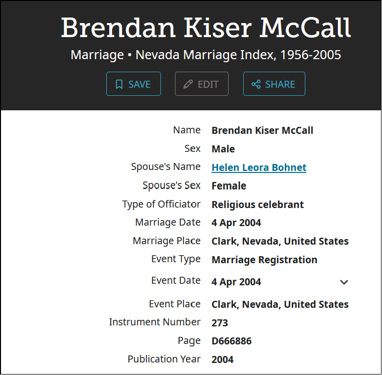 Screenshot from Familysearch.org showing a marriage registration identifying Brendan Mccall's spouse as well as date and location of the wedding. 