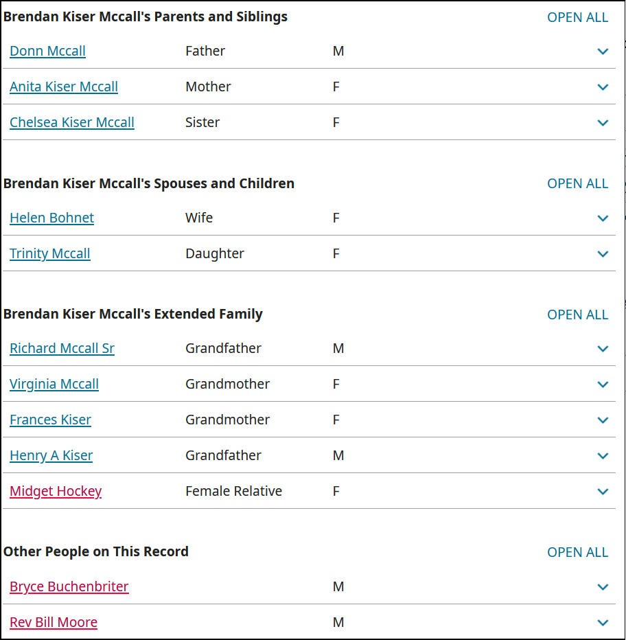 Screenshot from Familysearch.org showing a list of names of Brendan Kiser Mccall's immediate and extended family.