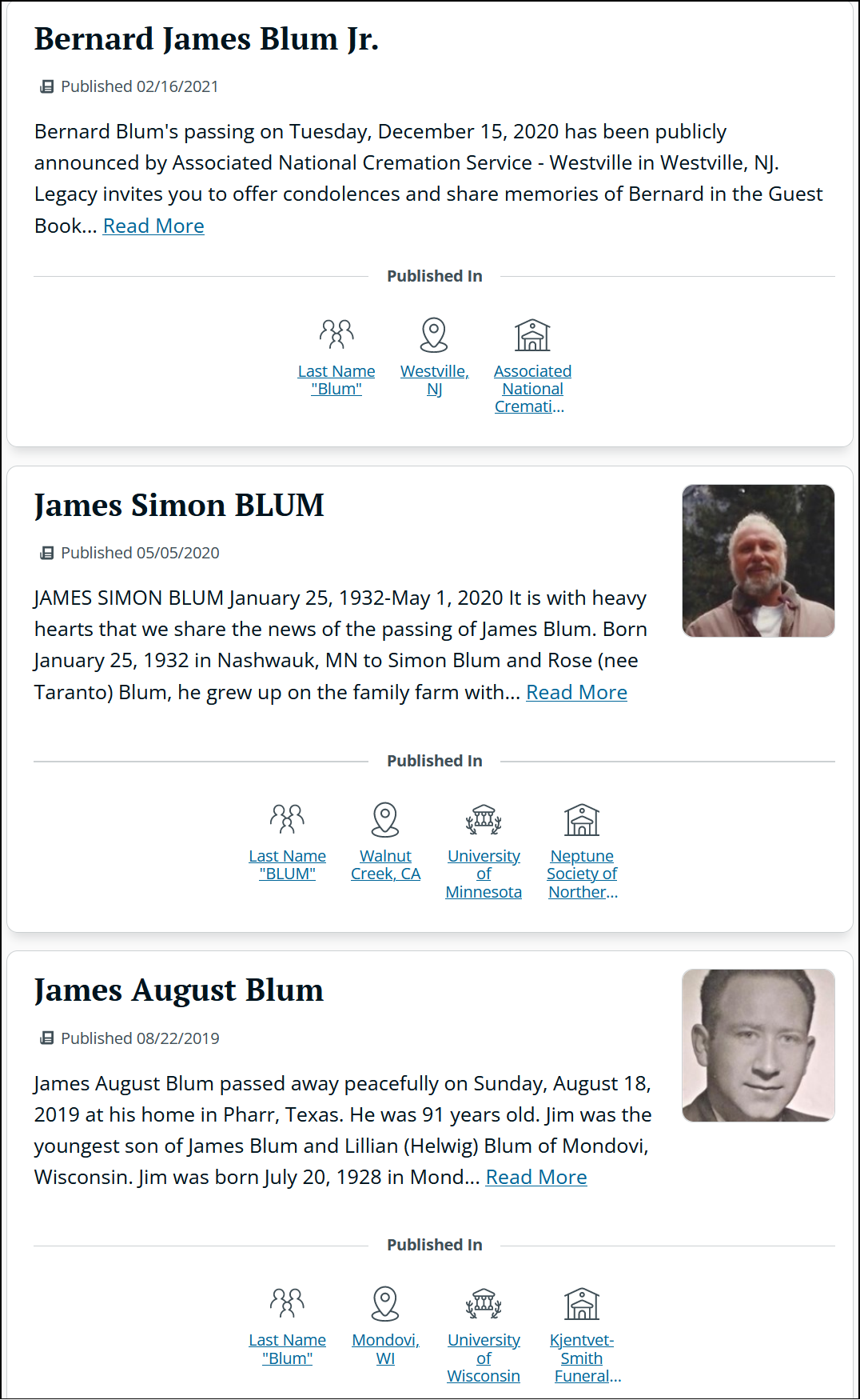 Screenshot of search results of obituaries from searching in Legacy.com, includes three search results that include the name, photo, and short description of the deceased. The search results also list the publication where the obituaries were published.