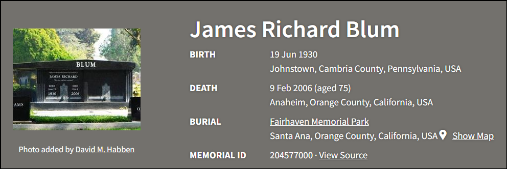Screenshot of record from FindAgrave.com showing a photo of a gravestone and a list of data on the deceased, including the time and location of their birth, death, and burial.