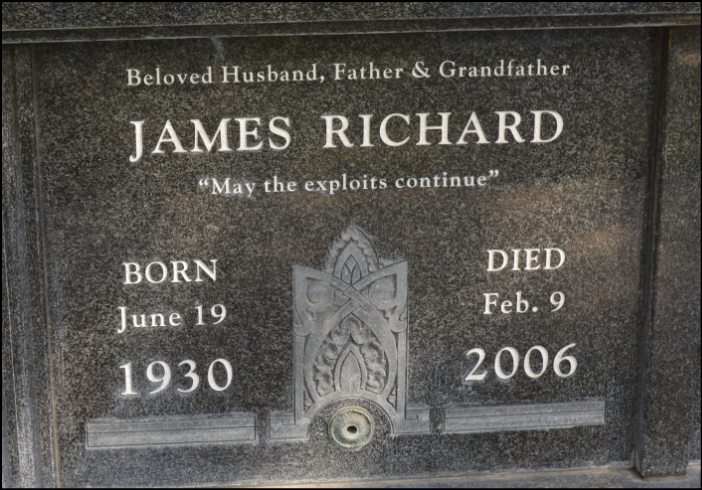 Photo shows gravestone with the text: "James Richard, Husband, Father, and Grandfather. Born June 19th, 1930 and Died February 9th, 2006 
