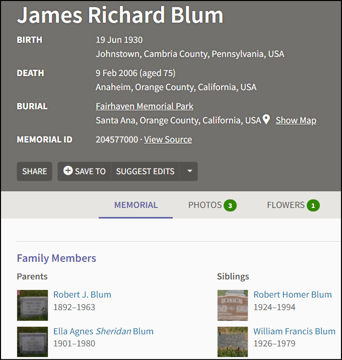 Screenshot of record from FindAgrave.com shwing information on a deceased person, including a list of their family members and a list of data on the deceased, including the time and location of their birth, death, and burial.