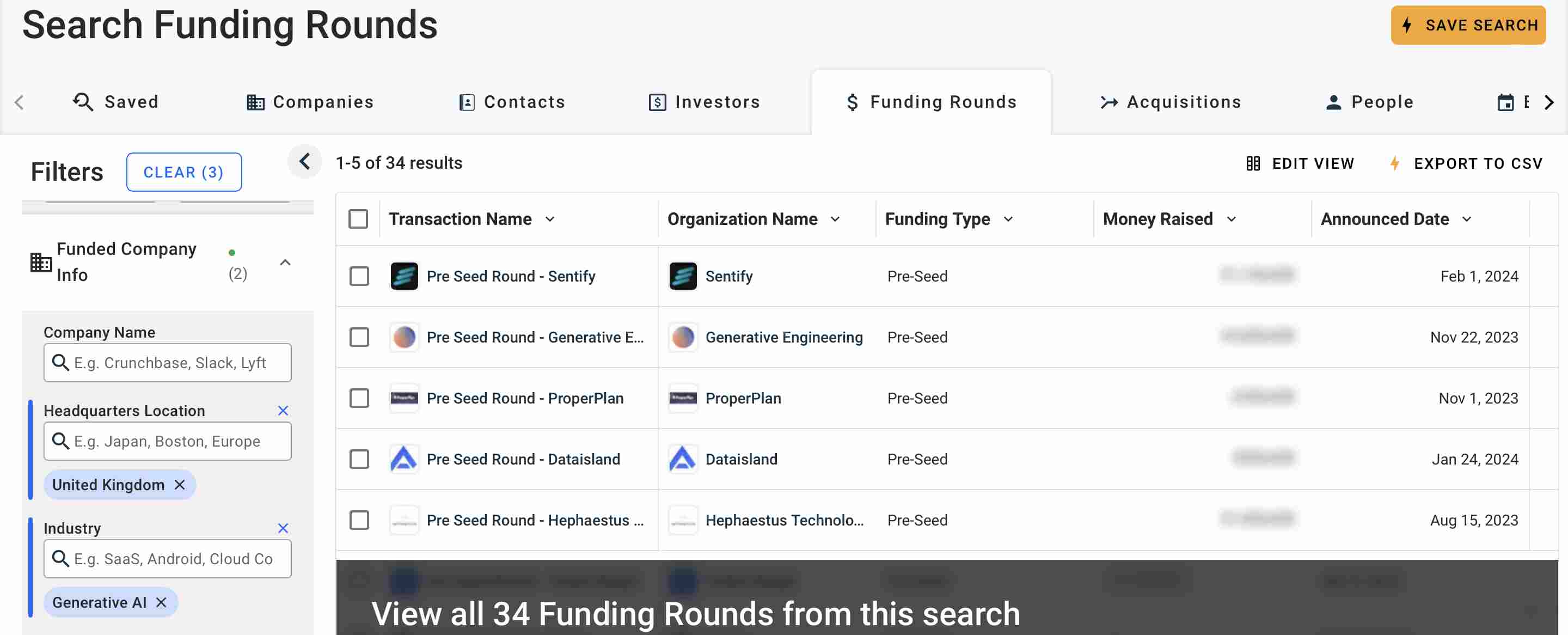 Searching for Generative AI funded startups on Crunchbase