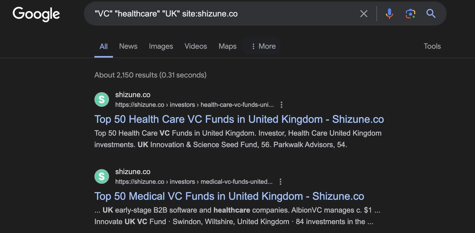 Search for exact matches on VC, healthcare, and UK keywords within shizune.co