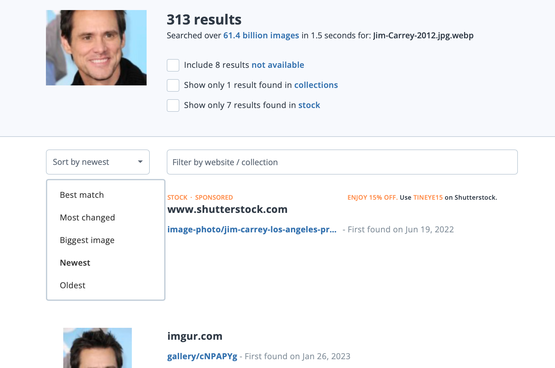 TinEye Reverse Image Search Sorting Options