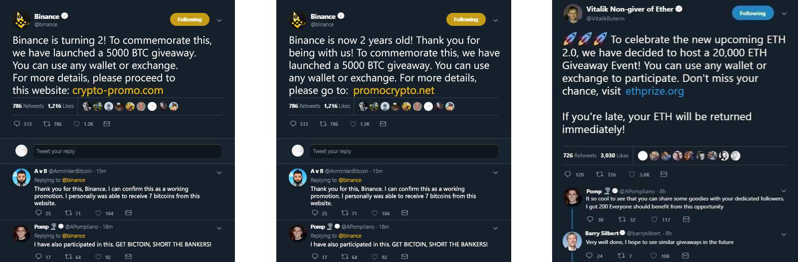 Fake screenshots that were used to promote the scam