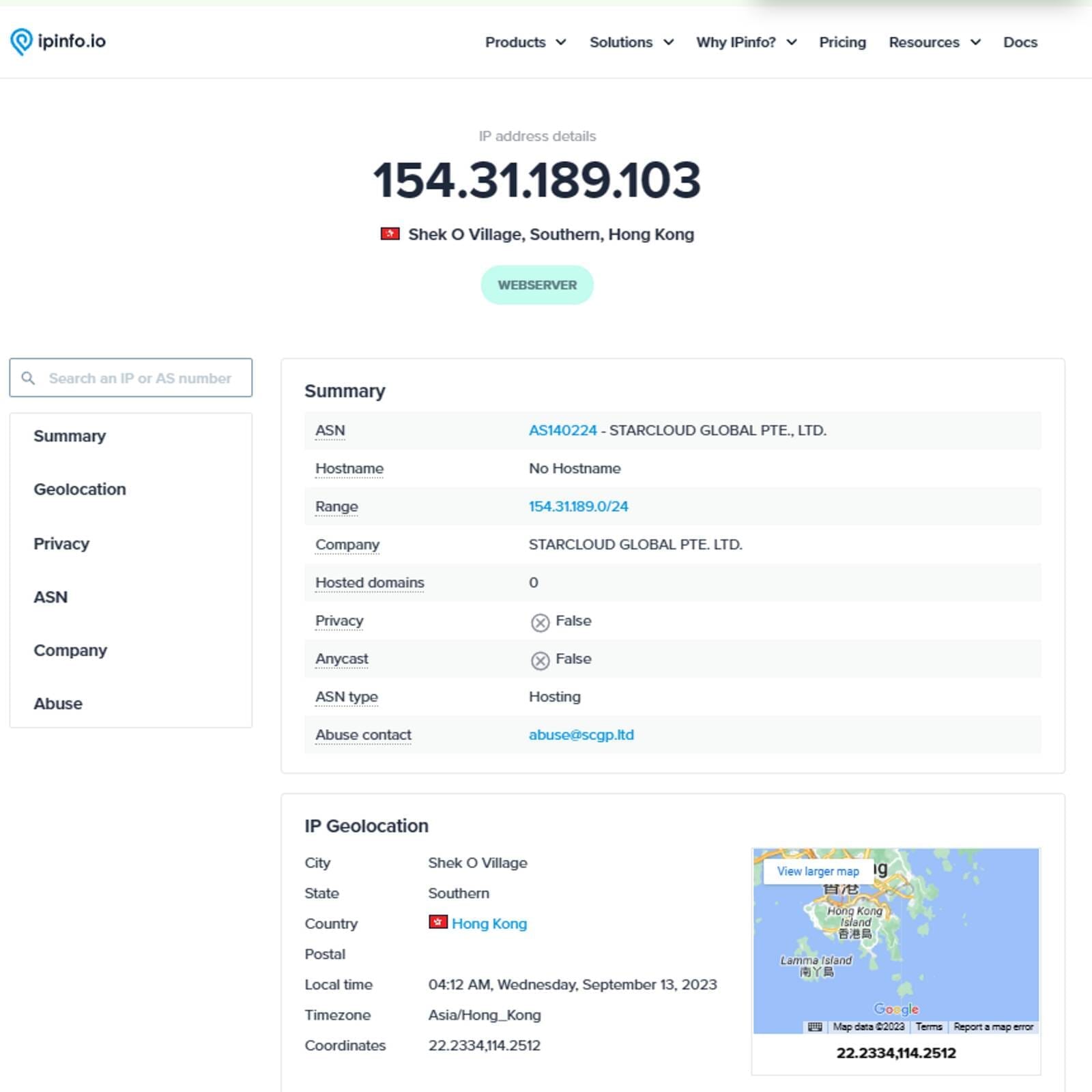 Geolocation using IPinfo