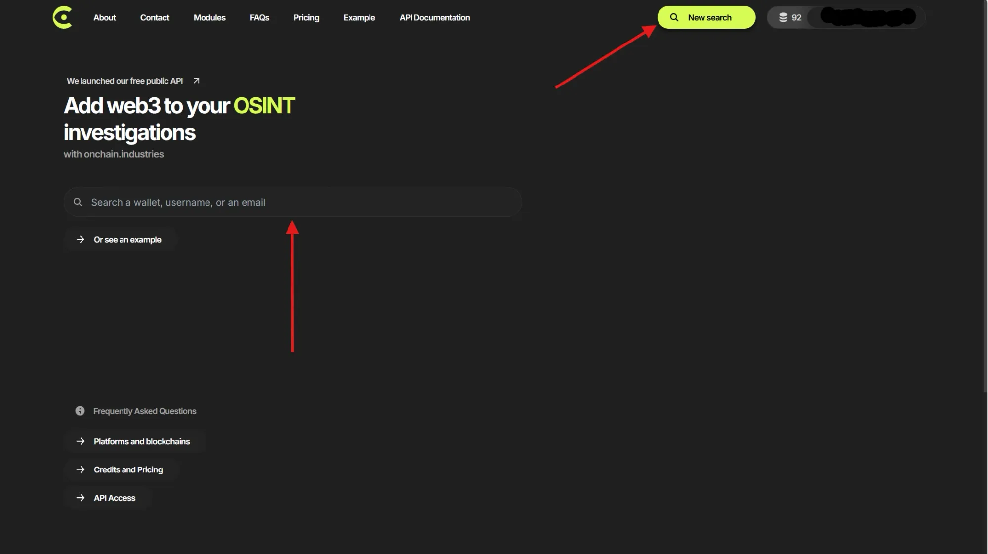 The OnChain Industries search page