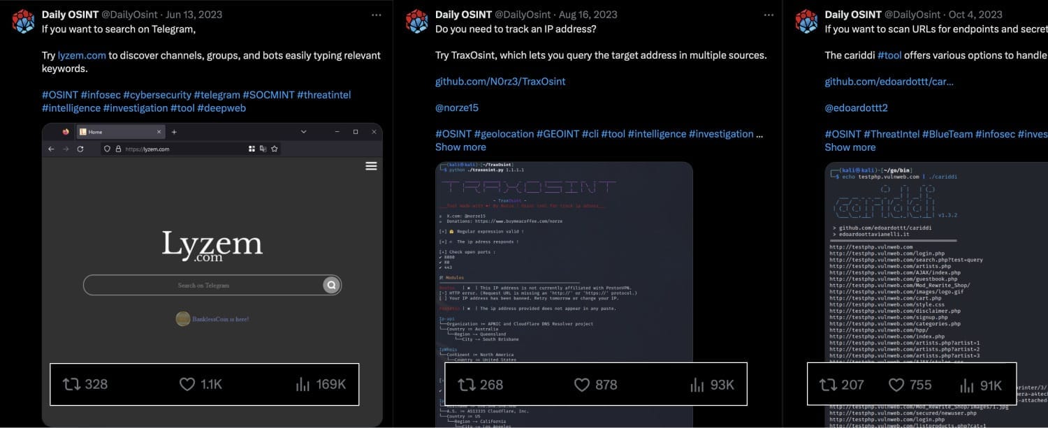A list of popular posts from the Daily OSINT account on X (Twitter)