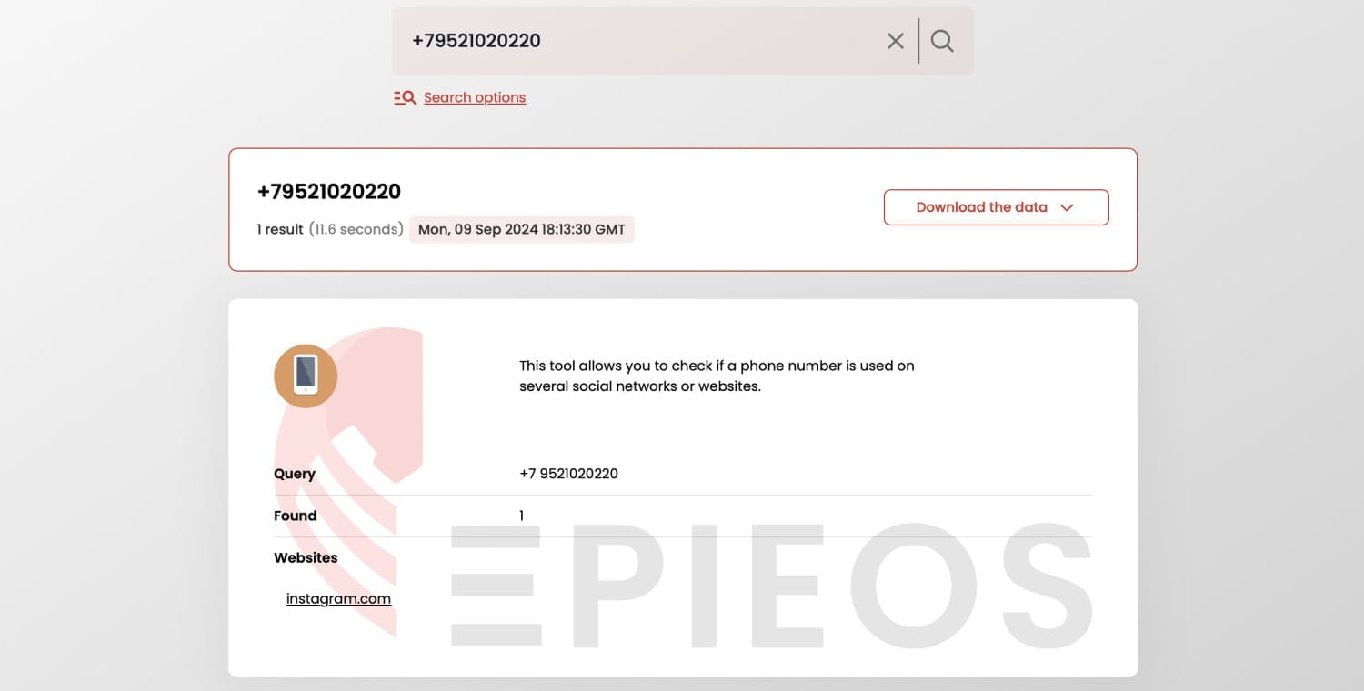 Reverse phone lookup using Epieos