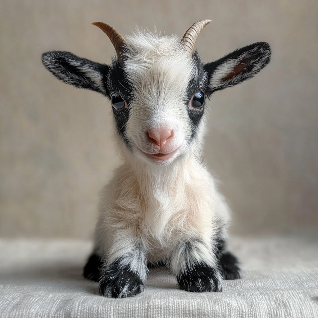 "Image of a small goat" prompt on Midjourney. Notice no mucus, cute eyes, flawless fur, perfect horns and background. Real life isn't that textbook perfect.