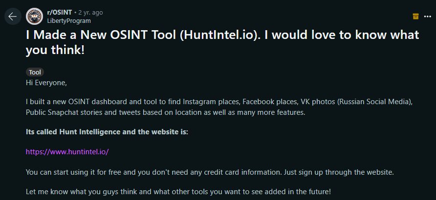 Creator of OSINT Tool, HuntIntel.io promoting the tool on Reddit in 2022