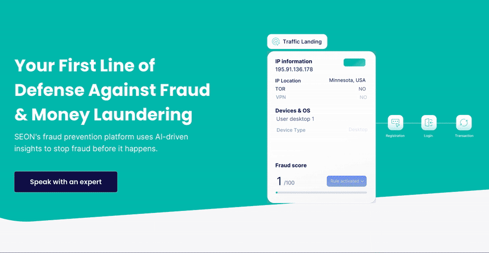 Catchy animation on seon.io used to showcase the product value